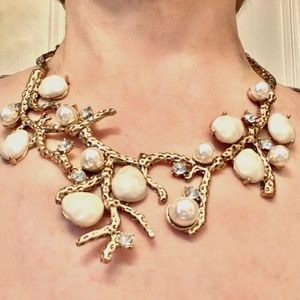 Twig Necklace, Gold Tone w/ Stones & Pearls